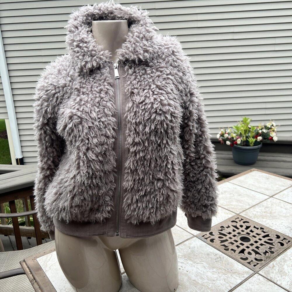 BCBGeneration Jacket Women Size L Purplish Gray Zip Front Faux Fur Fuzzy Y2K